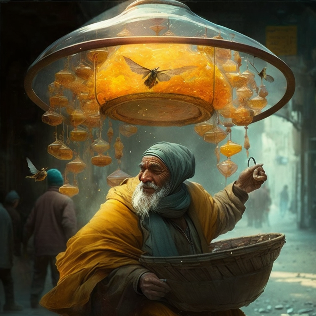 JoshuAlive_sufi_merchant_selling_honey_on_a_flying_carpet_e4d51c5e-5f9d-4b2d-9874-6c55fdbce51e